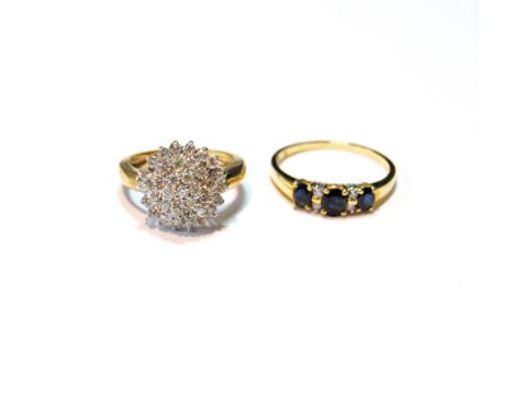 Diamond princess cluster ring and another with three sapphires, 9ct gold, sizes L and Q, 6.6g.