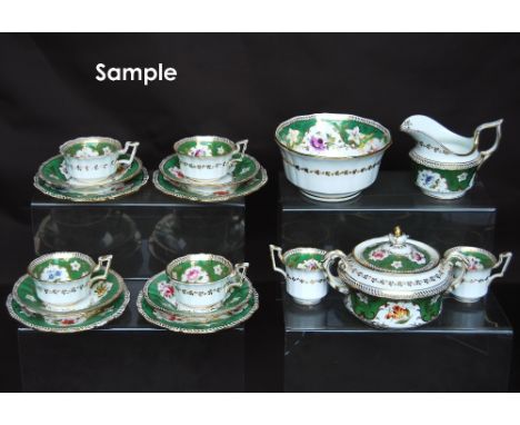 Early 19th century Coalport style tea wares decorated with floral sprays and gilt against green border grounds, including, su