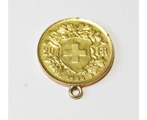 Swiss 20 Fr. gold piece, 1935, soldered ring. 