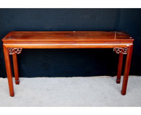 Chinese early 20th century scroll table with key fret spandrels on square supports, 162cm wide, 82cm high and 40cm deep.CONDI