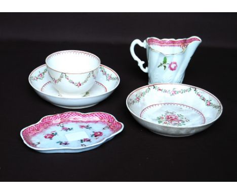 Late 18th century English porcelain tea bowl with two saucers, polychrome rose sprays & swags, painters mark crossed L and do