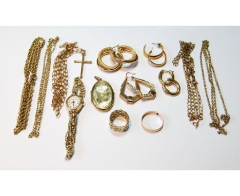 9ct gold band ring, another, a lady's watch and various necklets and other items of 9ct gold, gross 47g. 