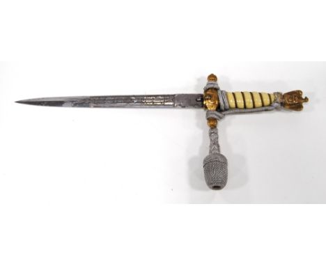 Reproduction World War II Nazi Kriegsmarine officer's dagger, with eagle pommel, rope-twist grip, gadrooned hilt with anchor,
