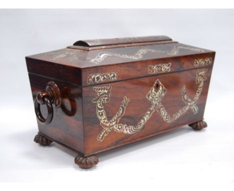 19th century rosewood and mother of pearl inlaid tea caddy enclosing two boxes and later mixing bowl, with opposing loop hand