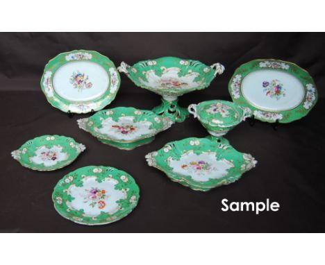 19th century Ridgway dessert and dinner service of pierced lobed form with central polychrome floral sprays, green and gilt s