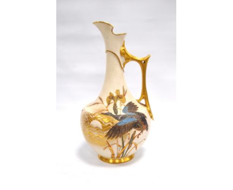 Late 19th century Royal Worcester ivory finished ewer with gilt decoration, angular handle and decorated with duck and reeds,