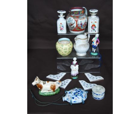 Faience oval flask decorated in typical manner and palette, one loop a.f. and various other ceramic pieces, some a.f. 