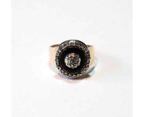 Gold mourning ring with a cluster of small old-cut diamond brilliants and a similar border separated by black enamel, 'The Gi