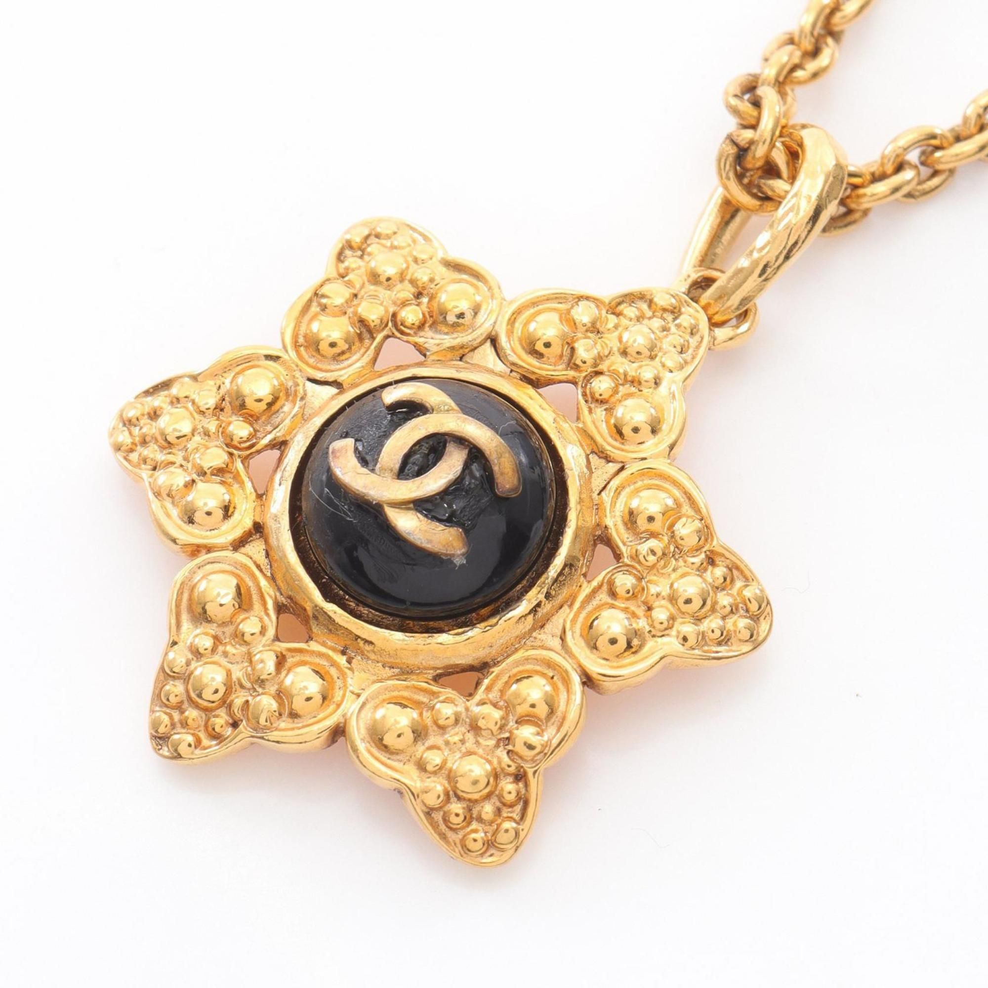 Chanel Coco Mark Necklace, Gold Plated with Faux Pearls, Women's, and Black