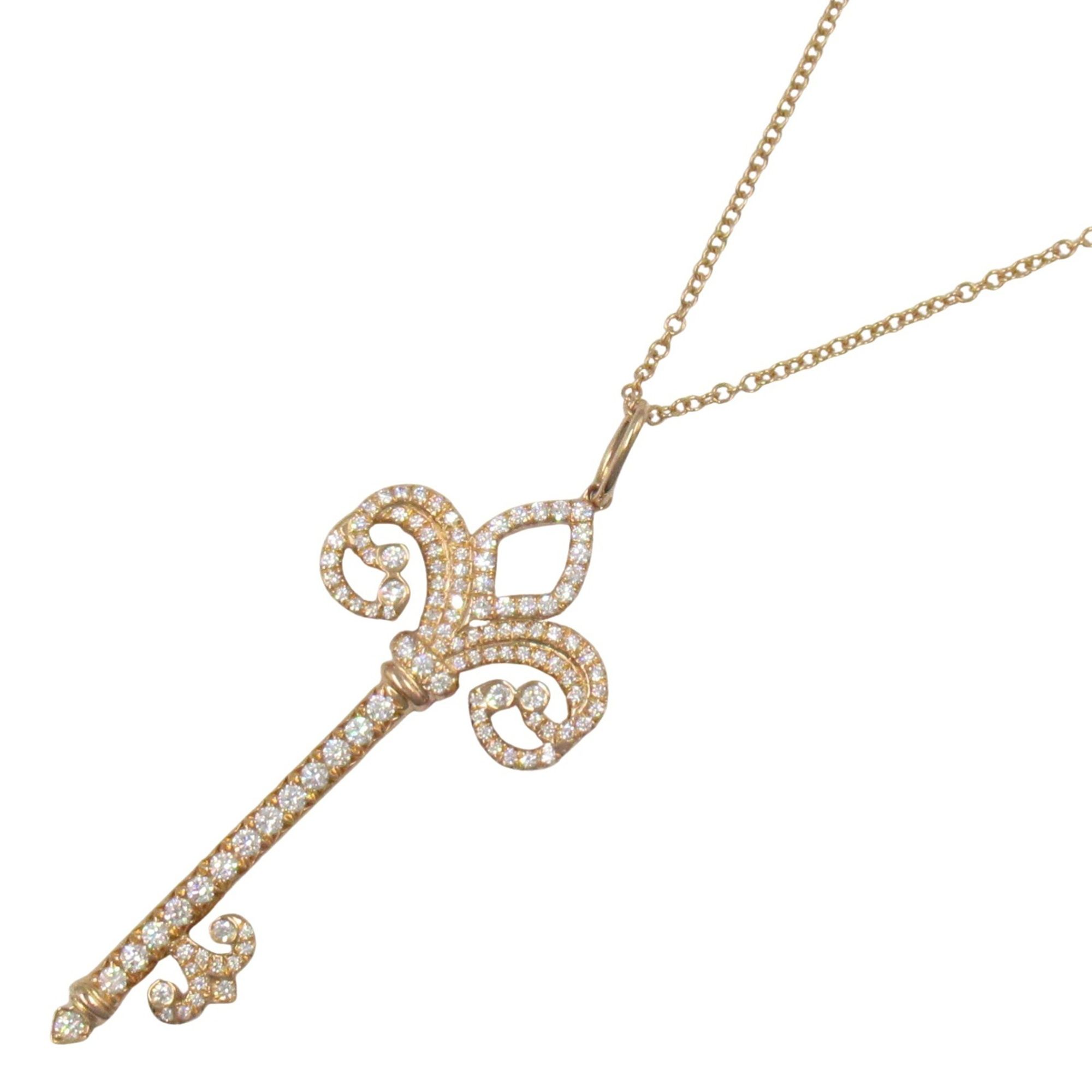 Tiffany & Co. Fleur de Liskey Pendant Diamond Necklace Jewelry in 18K Pink Gold with Diamonds, Clear