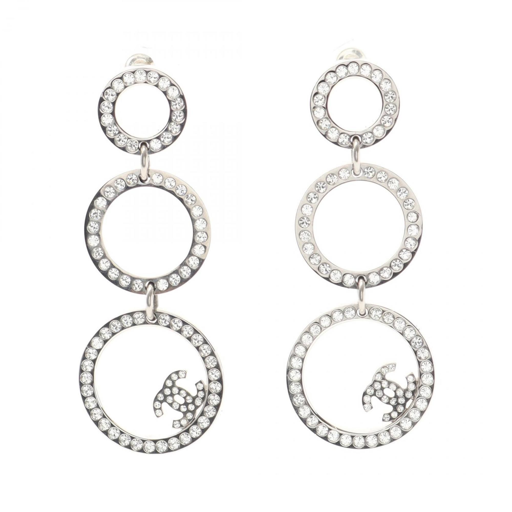 CHANEL Coco Mark Earrings, Stainless Steel with Rhinestones, Women's, Silver and Clear