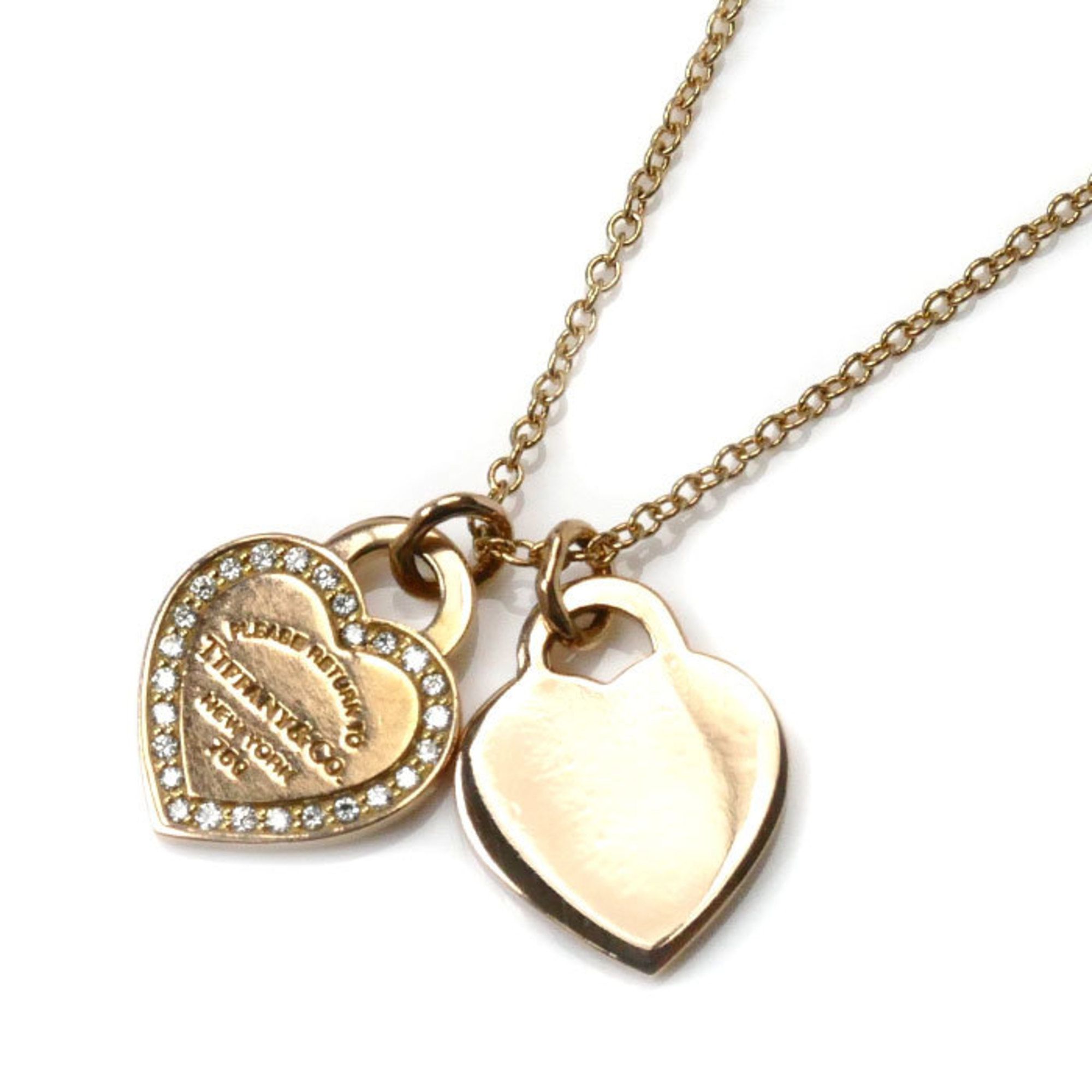 TIFFANY&Co. Tiffany K18PG Pink Gold Return to Double Heart Necklace Diamond 4.1g 41cm Women's