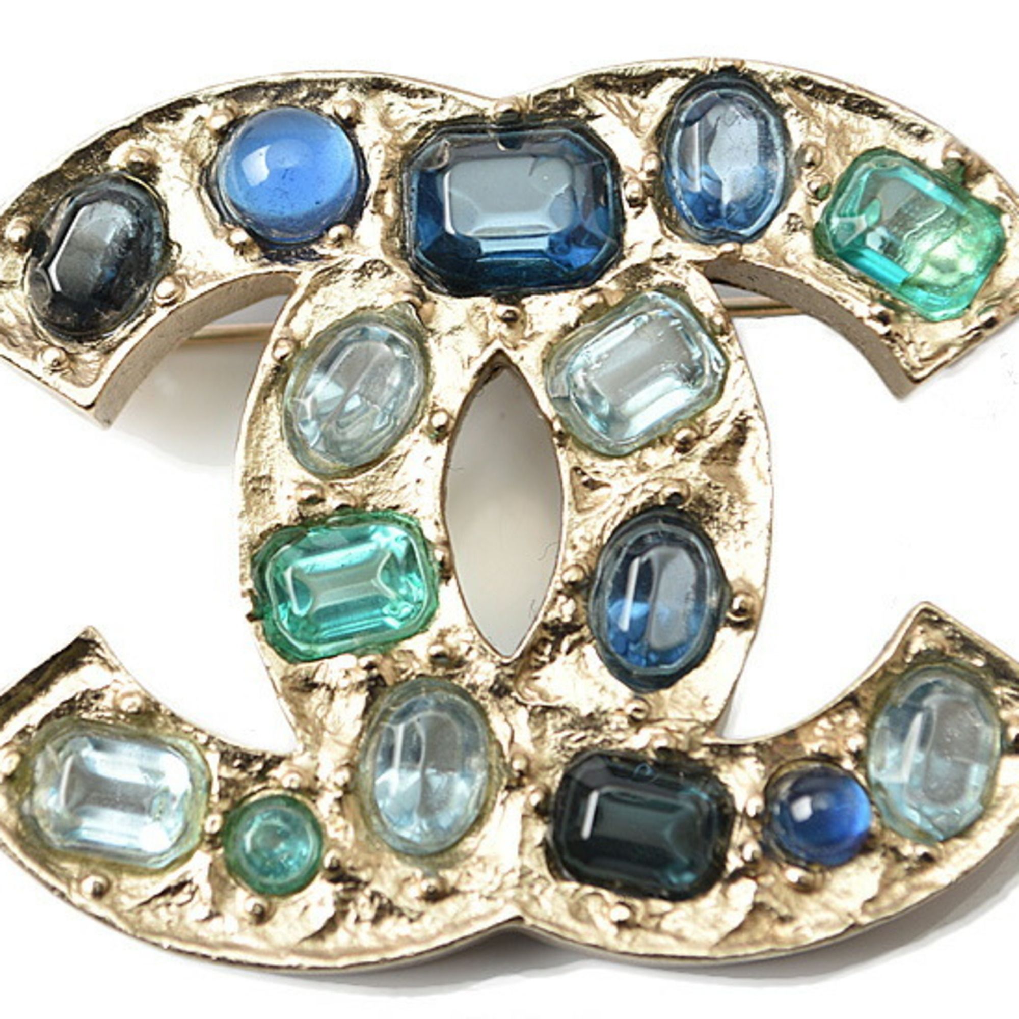 CHANEL brooch pin here mark rhinestone blue multi gold