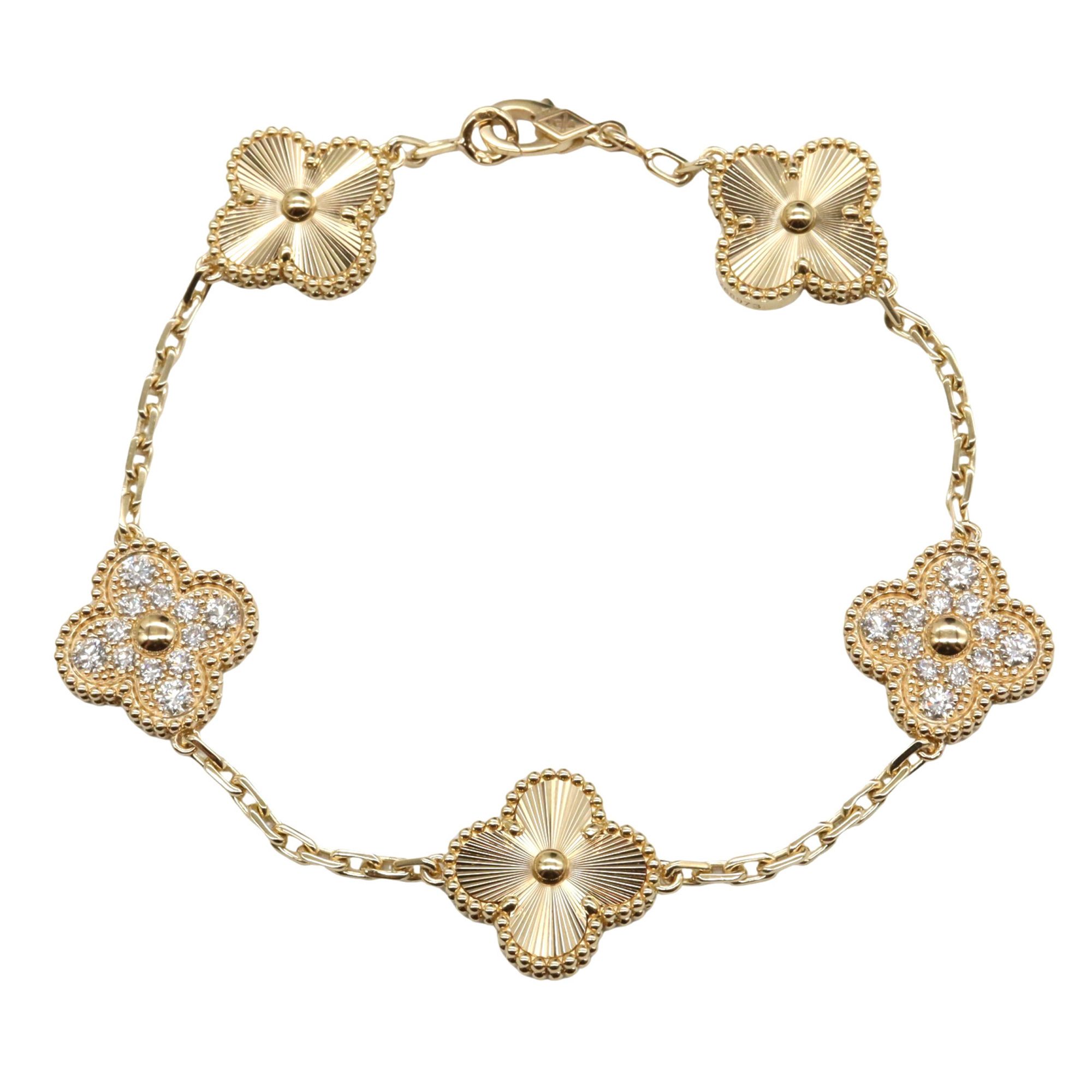 Van Cleef & Arpels Vintage Alhambra 5-Motif Diamond Bracelet in 18K Yellow Gold with Diamonds, Clear