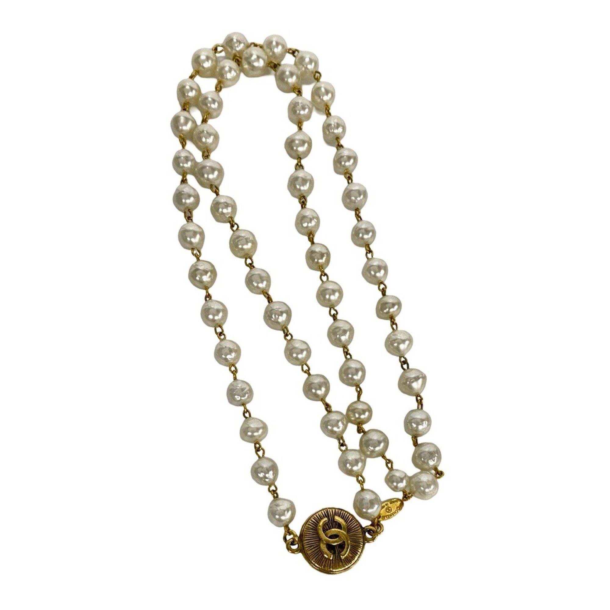 CHANEL Coco Mark Faux Pearl GP Necklace Choker Pendant White Gold 49989
