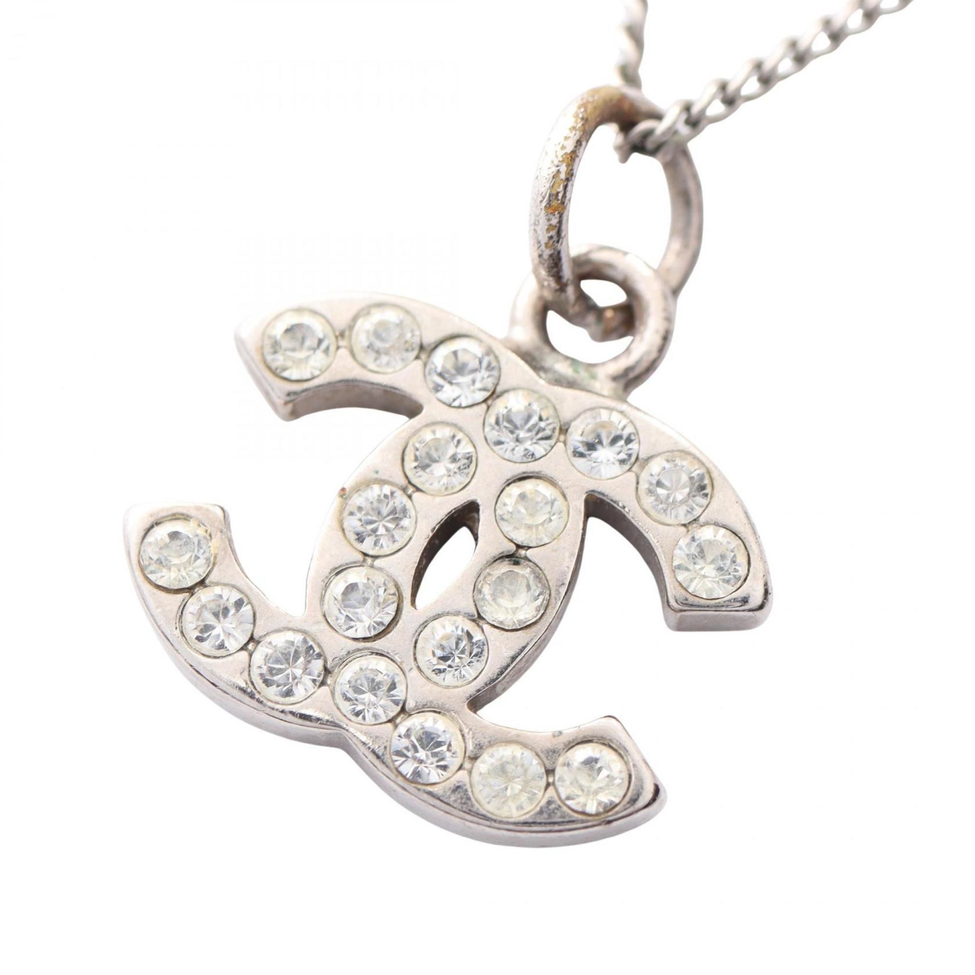 Chanel Coco Mark Necklace, Stainless Steel with Rhinestones, Women's, Silver and Clear