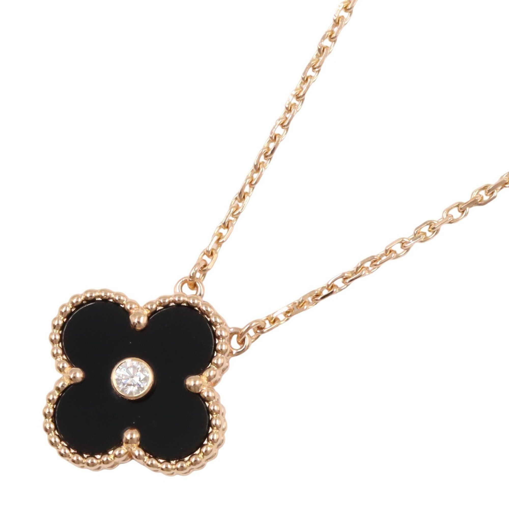 Van Cleef & Arpels Vintage Alhambra Necklace, Onyx, 1PD, 18K Pink Gold with Diamonds, Clear, and Bla