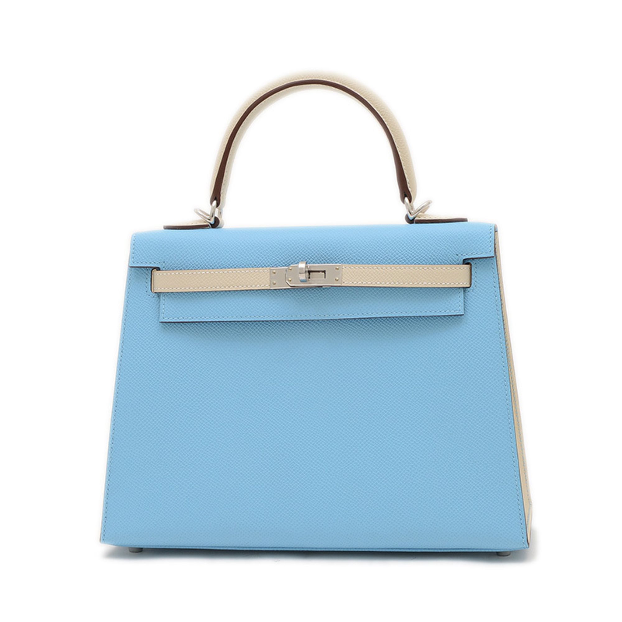 Hermes Hermès Kelly 25 Handbag, Outside Stitching, Personalized Epson Celeste Leather, Silver Hardwa