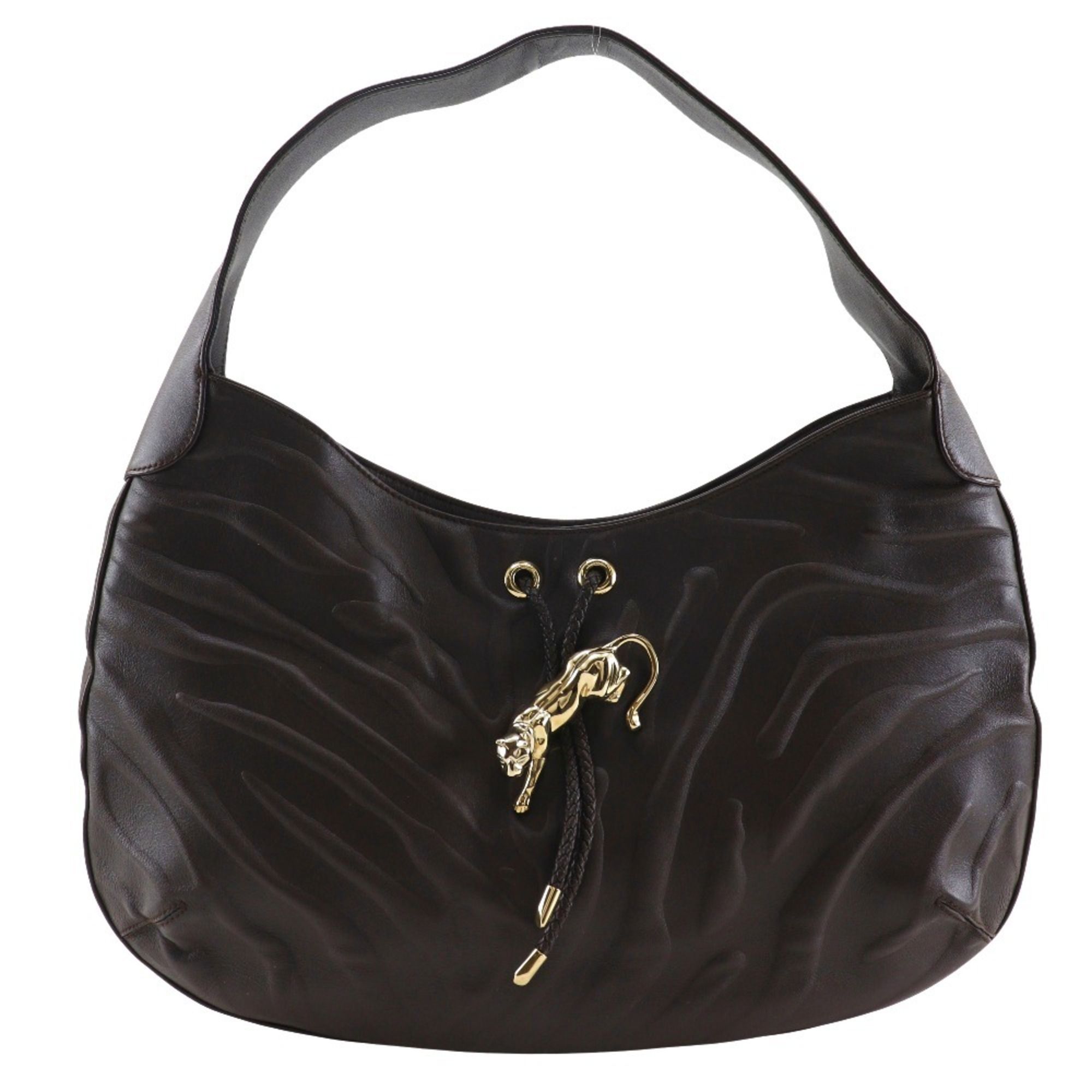 Cartier Panther Shoulder Bag, Leather, Brown, A5 Size, Women's