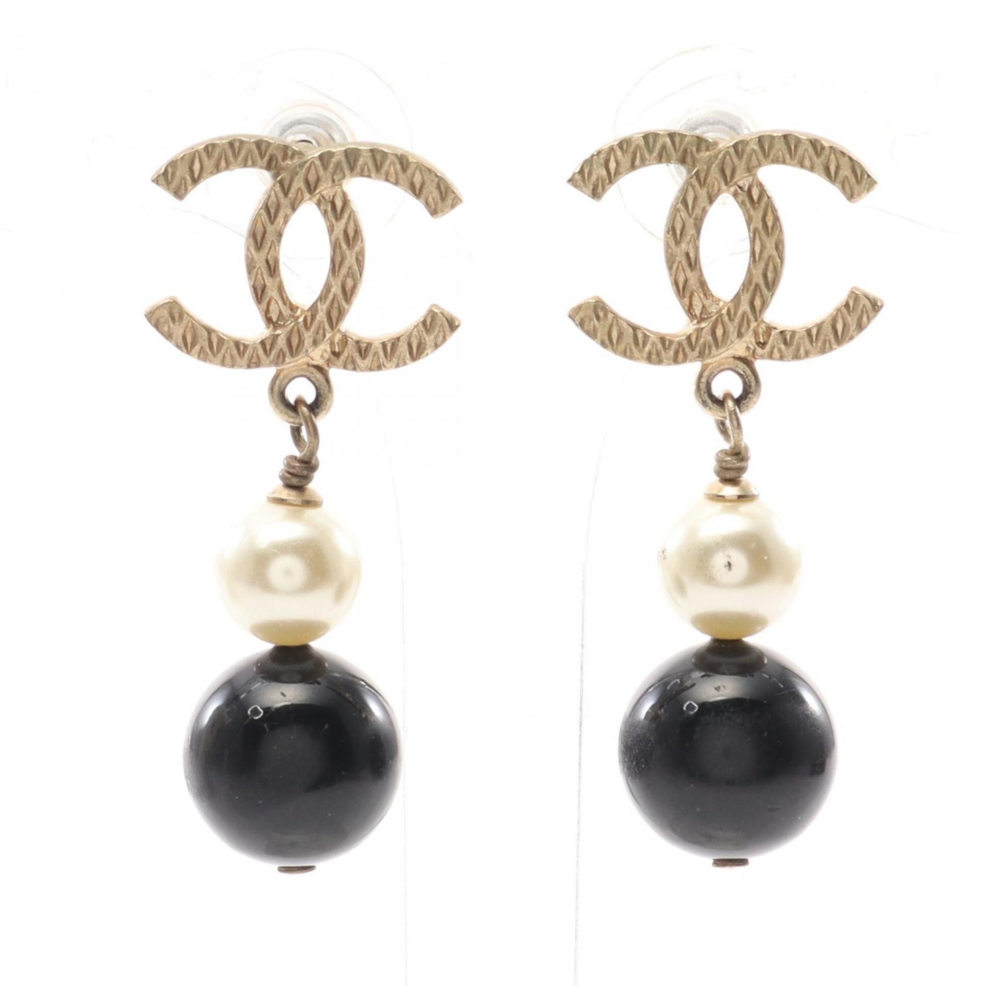 CHANEL Coco Mark Earrings GP (Gold Plated) Fake Pearl Women's Gold White Black A16B