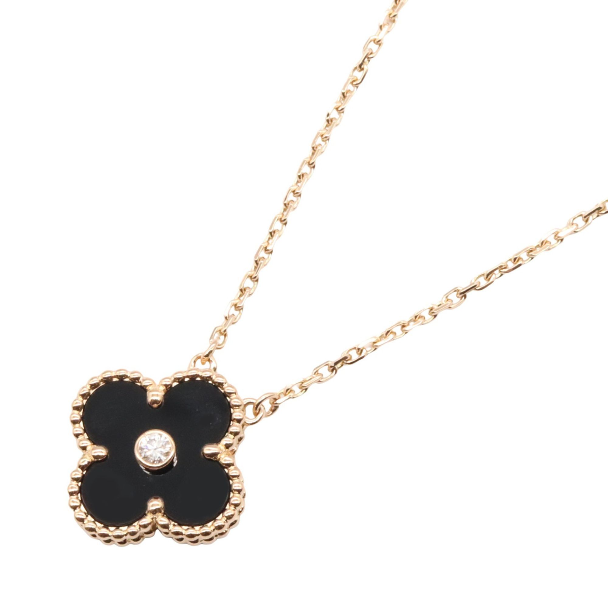 Van Cleef & Arpels Vintage Alhambra Necklace, 1PD, 18K Pink Gold with Diamonds and Onyx, Clear, for