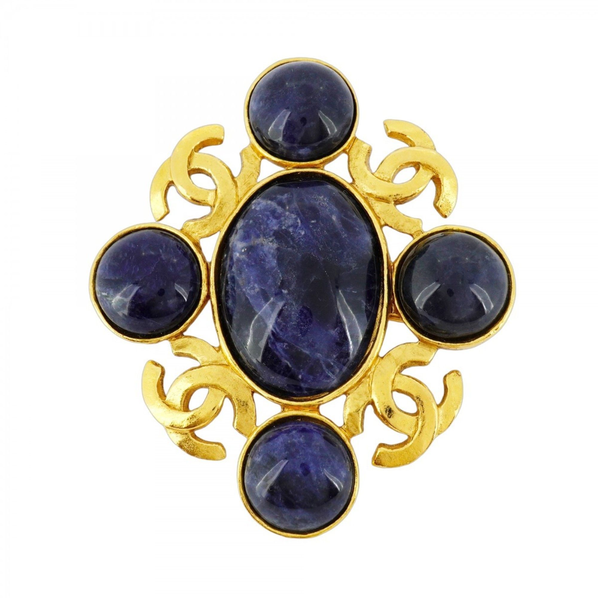 Chanel Coco Mark Oval Brooch with GP Plated Color Stones in Gold and Blue for Women