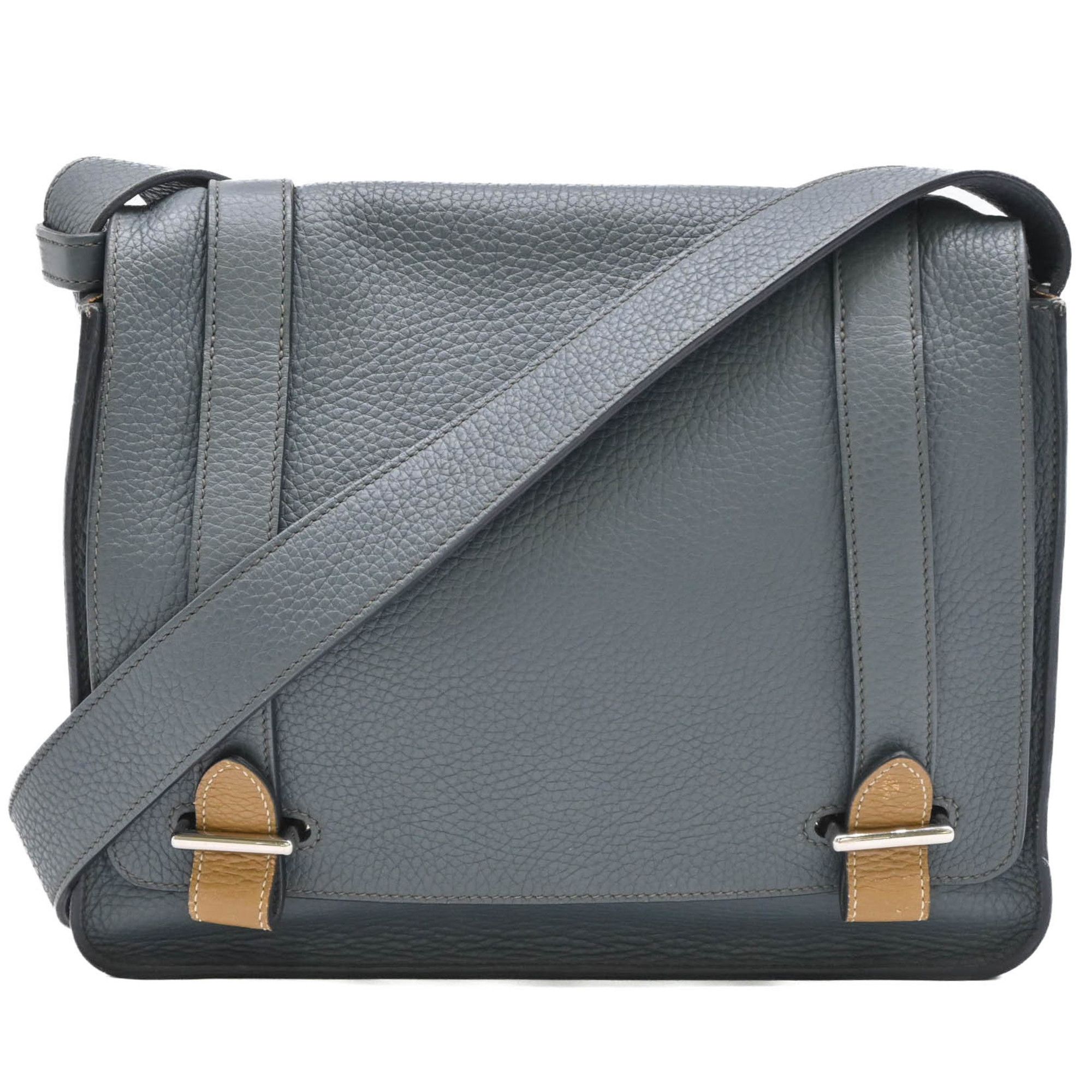 HERMES Steve Caporal 27 Shoulder Bag Taurillon Clemence Bicolor Blue Orange Craft Brown #?Q