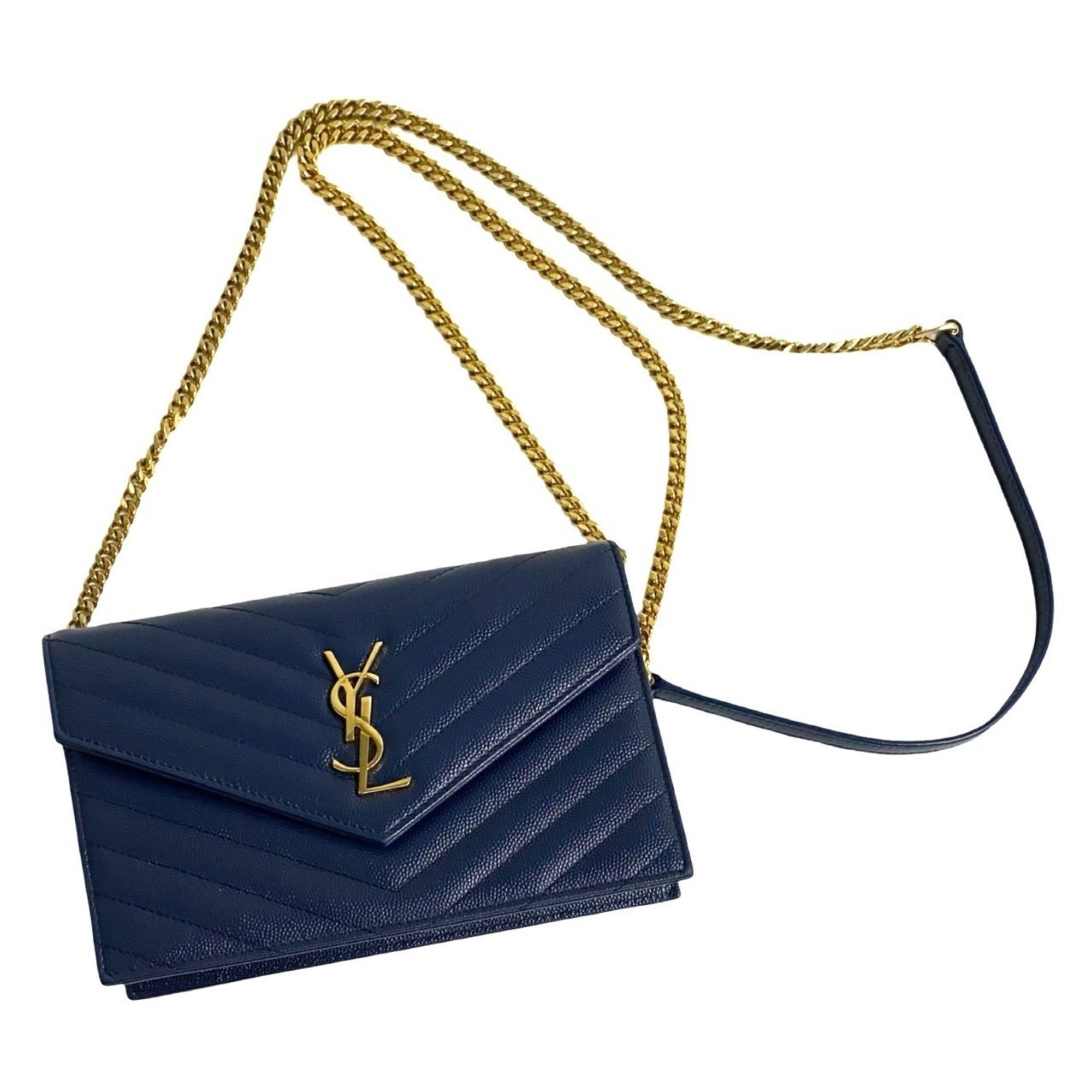SAINT LAURENT Envelope Wallet Bag with YSL Logo and Leather Chain Shoulder in Navy (h89-7)