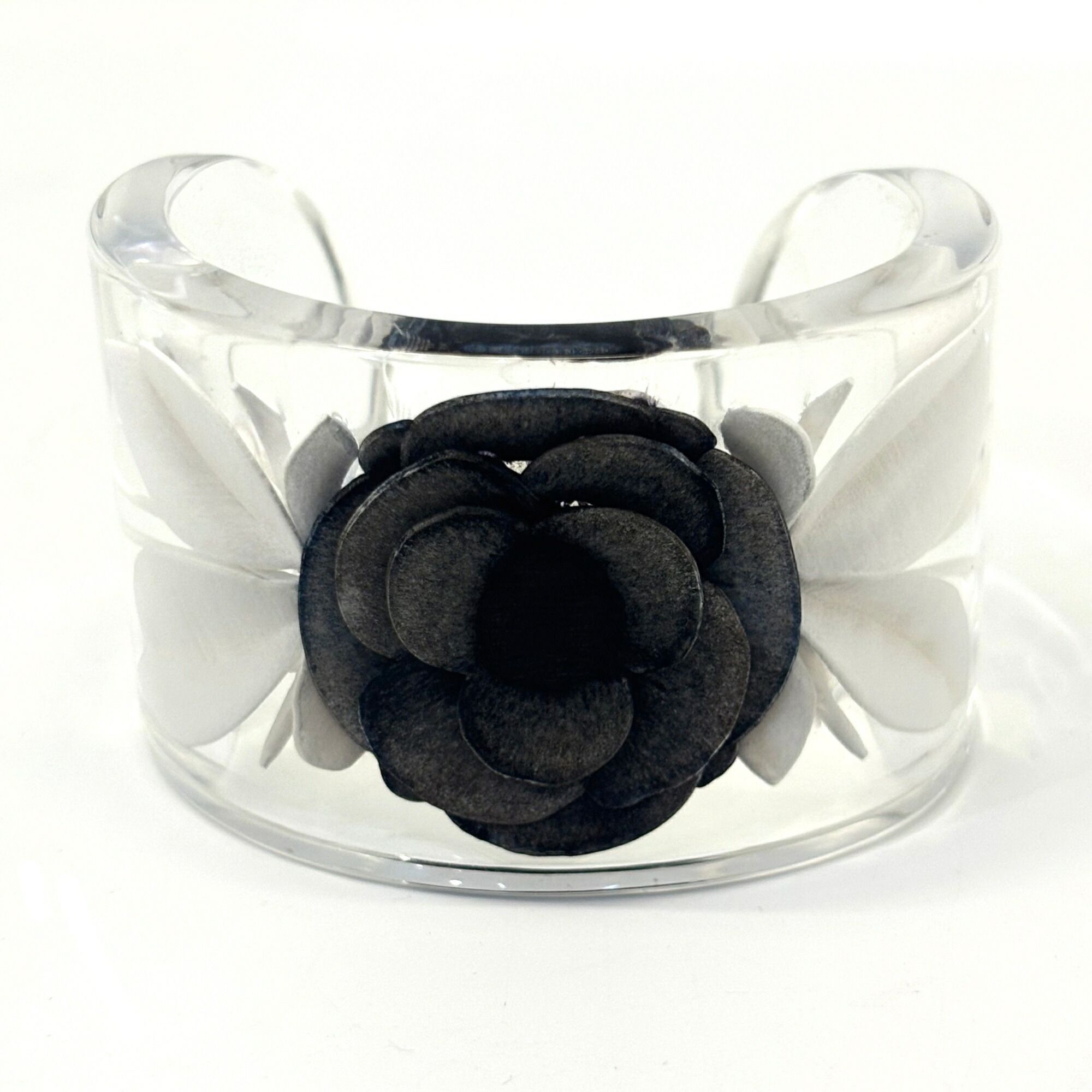 Chanel Camellia Bangle Bracelet Plastic Clear Color Black Floral Flower Motif Monochrome CHANEL
