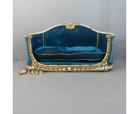A three-piece French lounge suite, comprising two Louis XVI style lounge chairs and matching sofa. A/F (3)Upholstery shows va