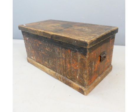 A vintage stained pine tool chest. Width 94cm, height 46cm, depth 47cm.