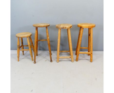 Four various vintage stools included one elm seated. Tallest 71cm.One missing stretcher.