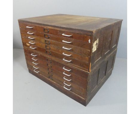 A vintage pine two-section 10-drawer plan chest. Width 121cm, height 92cm, depth 93cm.