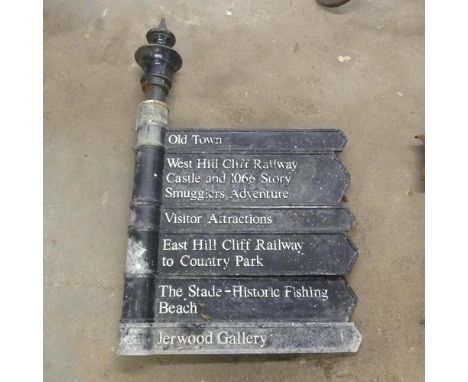 Six genuine painted cast metal Hastings street signs mounted on original post- "Old Town", "West Hill Cliff Railway and 1066 