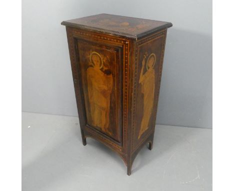 An Arts and Crafts music cabinet, with inkwork figural panels in the manner of Ellen Welby, ca. 1900. Width 54cm, height 100c