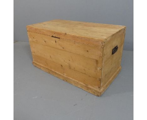 A vintage pine blanket box, the interior fitted with candle box. Width 94cm, height 50cm, depth 48cm.