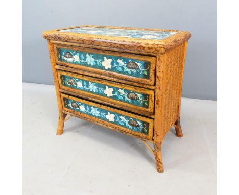 A vintage tiger bamboo chest of three long drawers, with woven rattan sides and chinoiserie painted decoration. Width 85cm, H