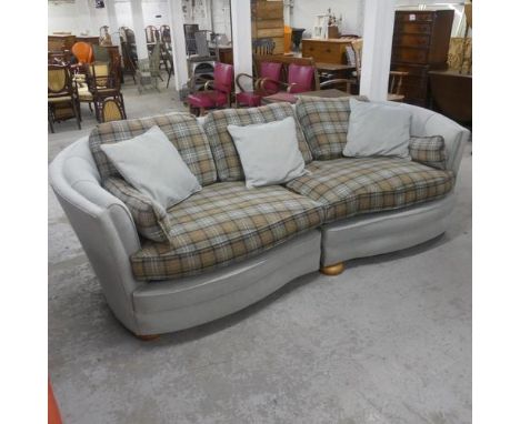 A contemporary two section teal and tartan upholstered sofa. Overall length 252cm, height 79cm depth 113cm. Seat length 190cm