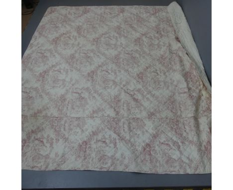 A vintage French Toile de Jouy pattern quilted cotton bedspread and pillowslips, length 270cm, width 255cm, with matching cus