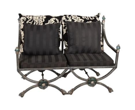 A Versace style 2-seater sofa with steel frame and glass finials, with brass detailing. Overall width 118cm, height 87cm, dep