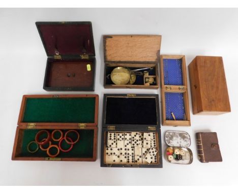A bone topped domino set twinned with Lucite style napkin/scarf rings, a set of scales &amp; other boxes