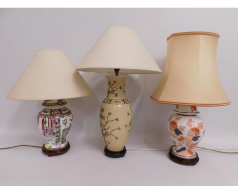 Three decorative Oriental ceramic lamps, tallest including shade 24.5in