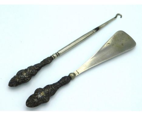 A Chester silver handled shoe horn &amp; button hook