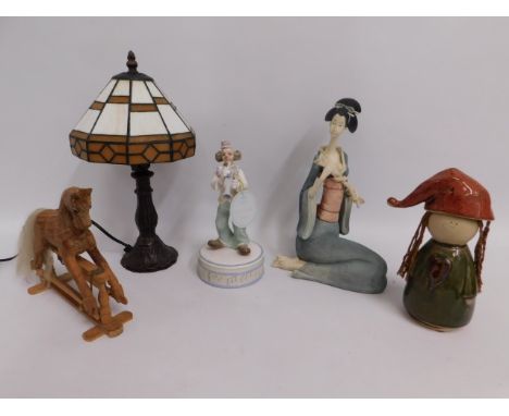 A small Tiffany style lamp twinned with a small model rocking horse &amp; three decorative ornaments
