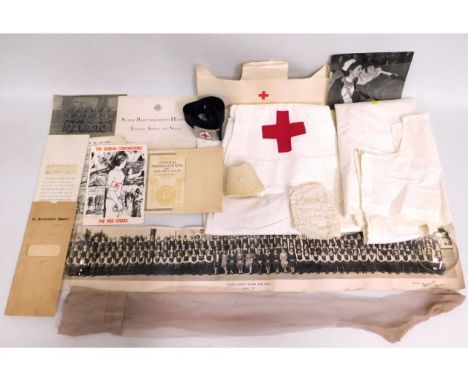 A quantity of items relating to nursing including photograph of the nurse who owned these items, her uniform, training materi