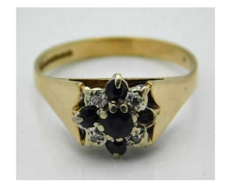 A 9ct gold diamond &amp; sapphire ring, lacking one sapphire, 3.5g, size R