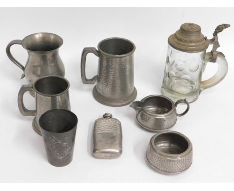 A late Victorian pewter beaker with relief decor &amp; inscription, 3.5in tall, twinned with other pewter items including a h