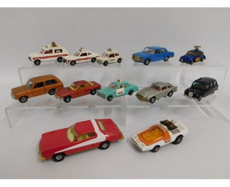 A Corgi James Bond Aston Martin diecast car, a Corgi VW 1300 saloon driving instructor car, a Dinky Ford Escort police vehicl