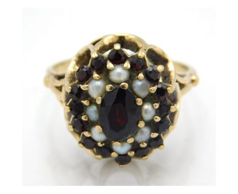 A 9ct gold garnet &amp; pearl cluster ring, 4.7g, size R