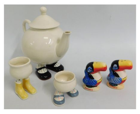 A novelty Carltonware teapot (repair to handle) &amp; sugar bowl, one other sugar bowl &amp; two Guinness Toucan salt &amp; p